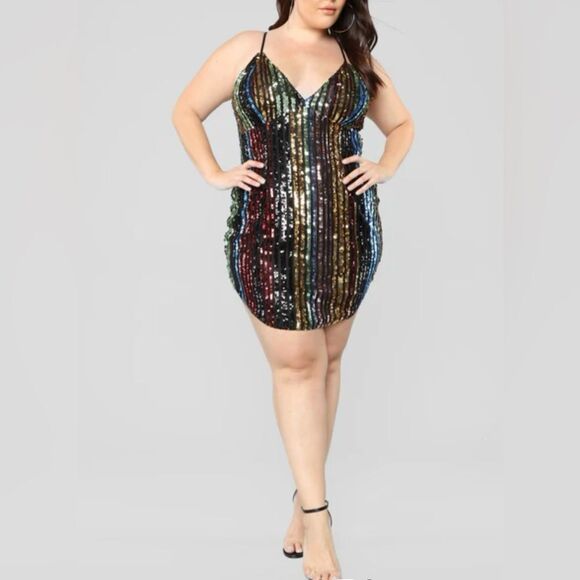 Fashion Nova Dresses & Skirts - Fashion Nova Black and Green Sequin striped Dress adjustable straps NWT size L